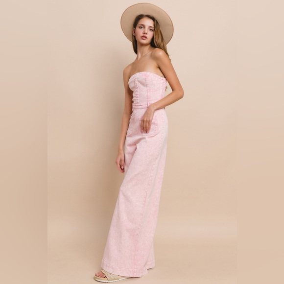 ROSE PINK STRAPLESS MINERAL WASH WIDE LEG DENIM JUMPSUIT π€  - Picture 5 of 6